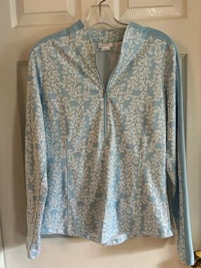 Sigrid Olsen Golf Tennis Women's LARGE Light Blue Botanical 1/4 Zip